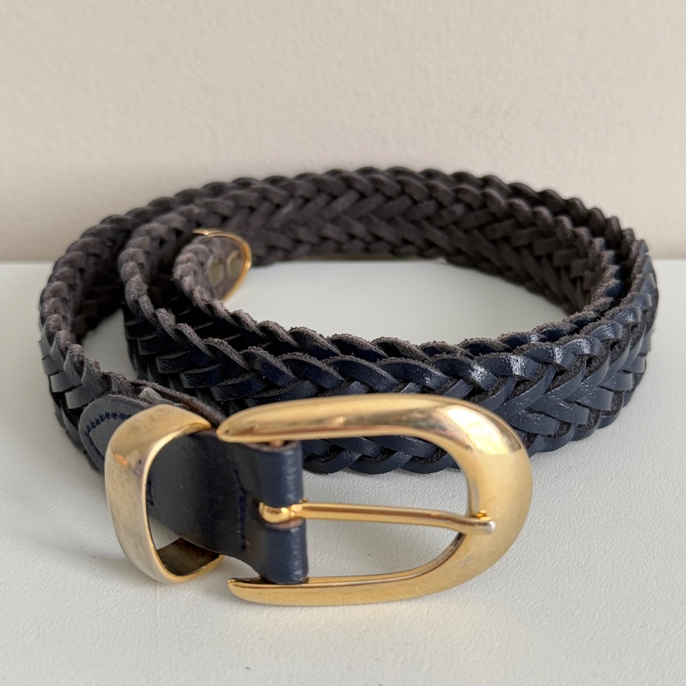Capezio Vintage Navy Blue Braided Leather Belt Gold Hardware size M-L